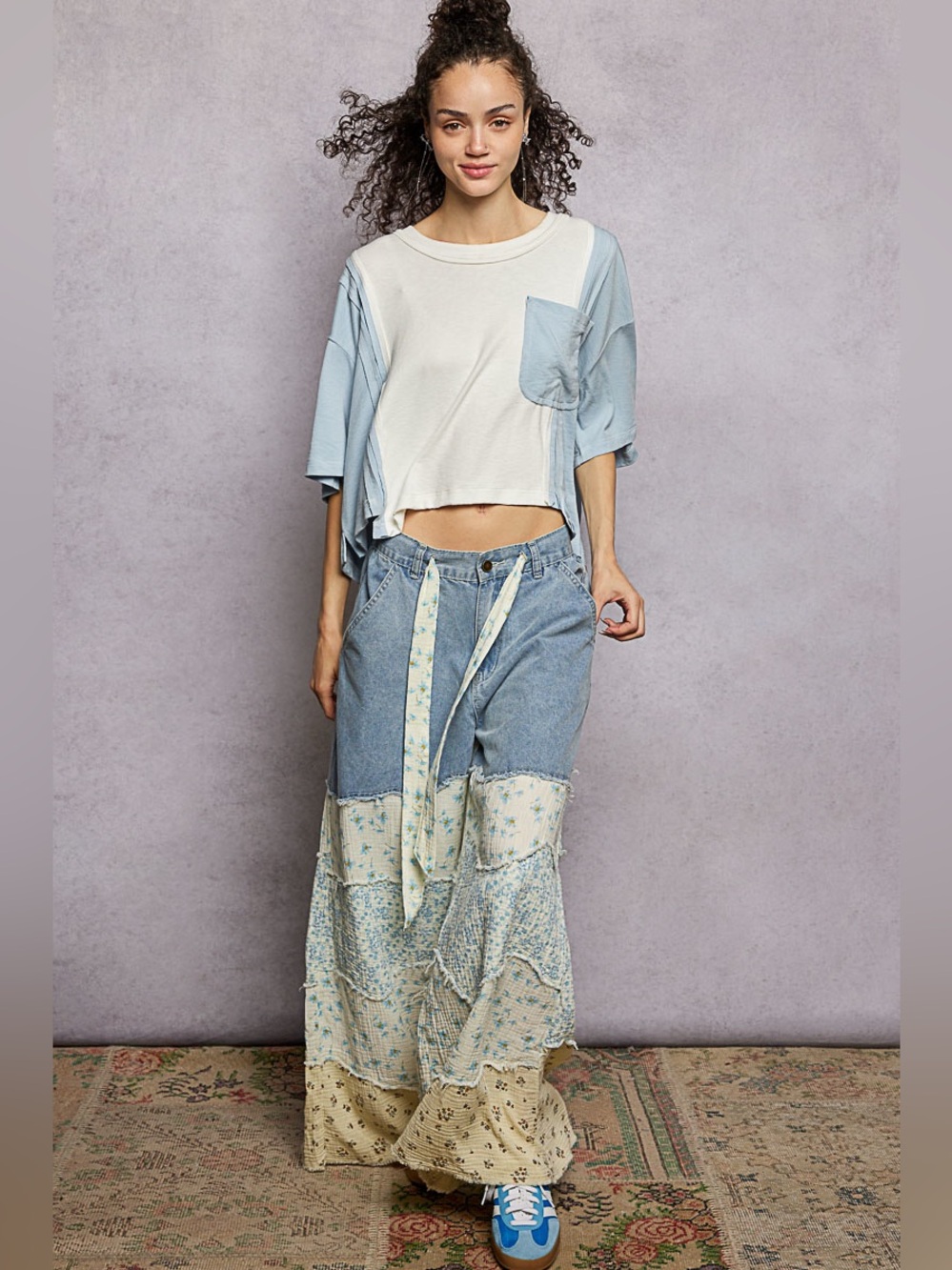 POL Color Block Patchwork Cropped T-Shirt – Sky Blue Multi  🛍️